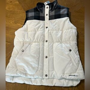NWT Eddie Bauer Womens Large White Black Plaid Puffer Warm Vest Jacket Full Zip